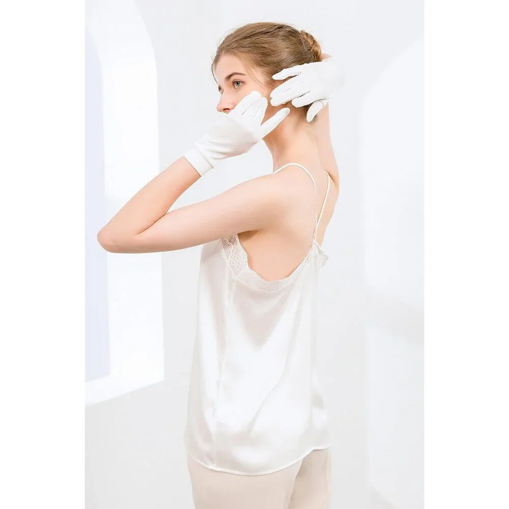 Women's White Pure Silk Sunscreen UV Protection Silk Elastic Index Gloves